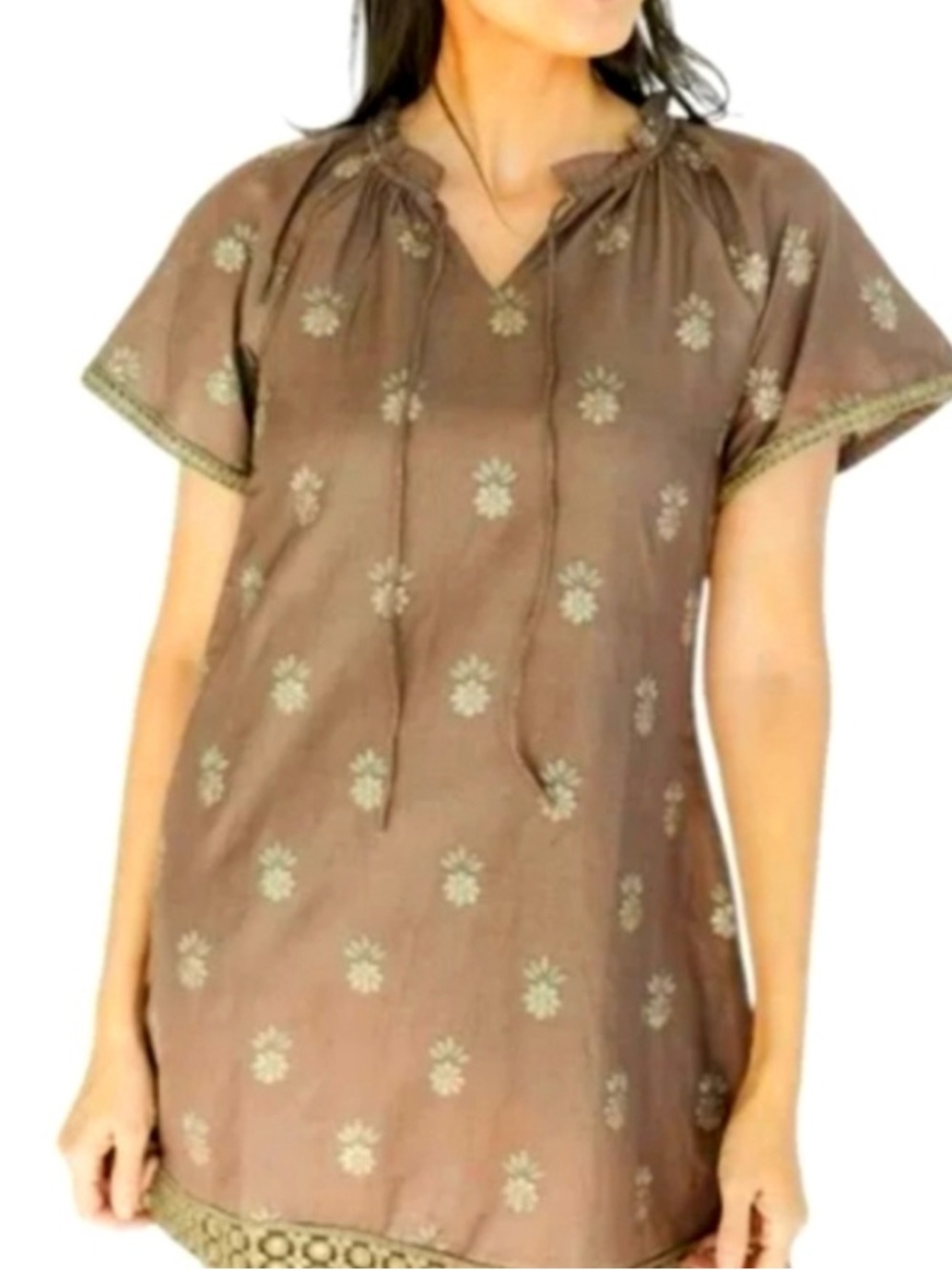 Clara The Label Taupe Embroidered Short-Sleeve Tunic Top NWT Size XL